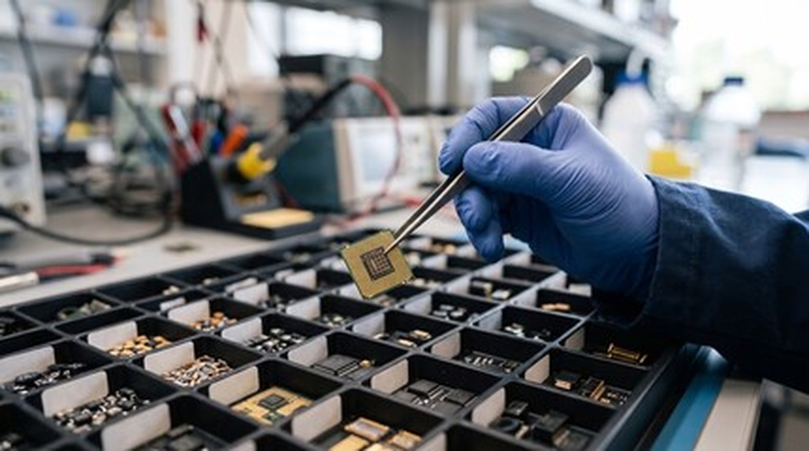 Gold electronic microchips selected from a storage tray in a PCB assembly lab