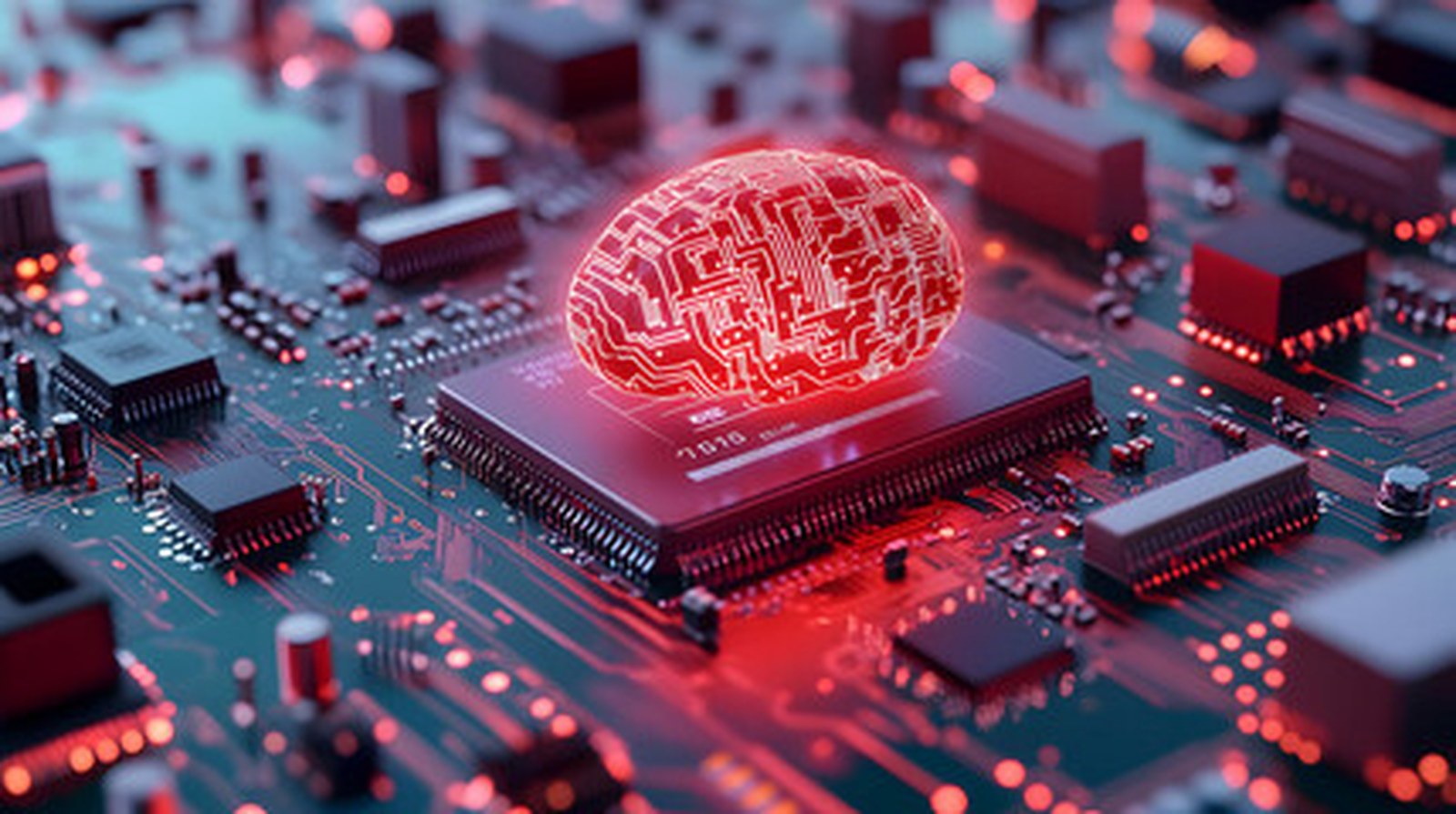 Circuit board with a glowing red digital brain representing intelligent electronics design