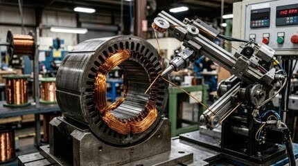 Electric motor stator with copper windings on a factory floor