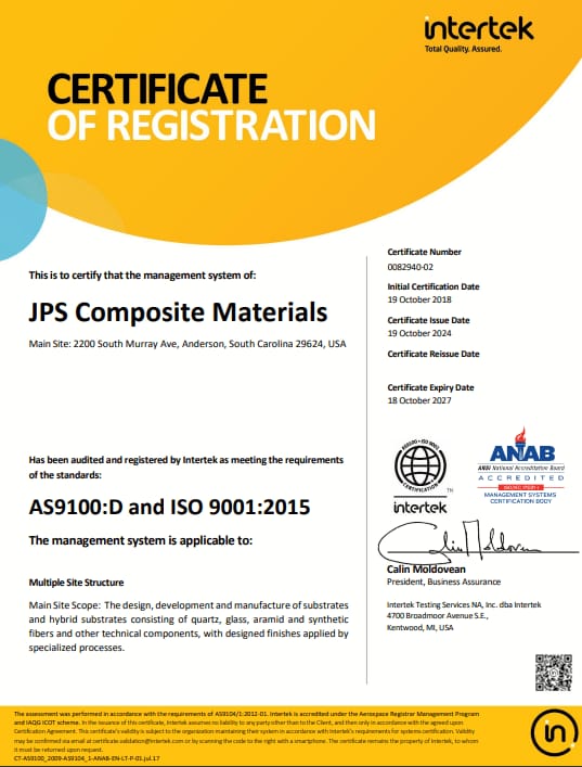 JPS Composite Materials AS9100D / ISO 9001 certificate